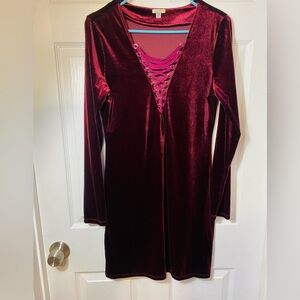 Sold Burgundy Grunge Lace Up Long sleeve velvet  mini dress size large